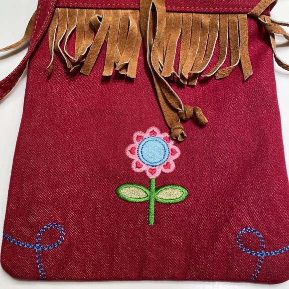 Small Red Denim w Suede Fringe & Embroidered Flower Crossbody Shoulder Bag NWOT - Picture 11 of 16